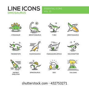 Set of modern vector line design icons and pictograms of dinosaurs species, prehistoric age life. Stegosaur, t-rex, brontosaurus, ornitosaurus, plesiosaurus, triceratops, velociraptor, spinosaurus