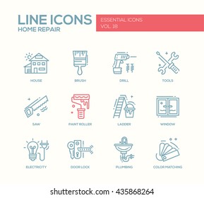 Set of modern vector line design icons and pictograms of home repair process and tools. Brush, drill, saw, paint roller, ladder, window, door lock, electricity, plumbing, color matching