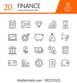 Set of modern vector line flat design icons of money savings and finance tools, banking services, financial management items, business accounting.