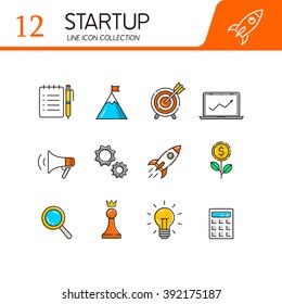 Set of modern vector line flat design icons of startup