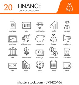 Set of modern vector line flat design icons of money savings and finance tools, banking services, financial management items, business accounting.