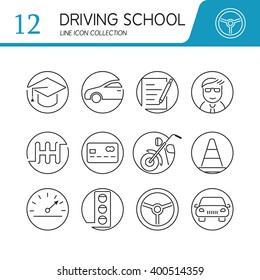 Set of modern vector line flat design icons of driving school, auto control, road, transportation.