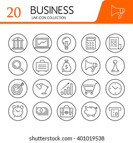 Set of modern vector line flat design icons of money savings and finance tools, banking services, financial management items, business accounting.