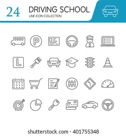 Set of modern vector line flat design icons of driving school, auto control, road, transportation.