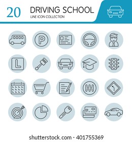 Set of modern vector line flat design icons of driving school, auto control, road, transportation.