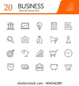 Set of modern vector line flat design icons of money savings and finance tools, banking services, financial management items, business accounting.