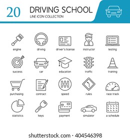 Set of modern vector line flat design icons of driving school, auto control, road, transportation.