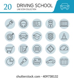 Set of modern vector line flat design icons of driving school, auto control, road, transportation.