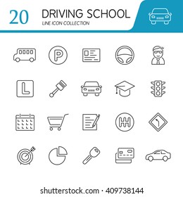 Set of modern vector line flat design icons of driving school, auto control, road, transportation.