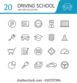 Set of modern vector line flat design icons of driving school, auto control, road, transportation.