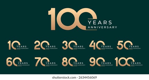 Set of modern vector logo designs for 10th to 100th anniversary, in gold color for celebrations, weddings and birthdays