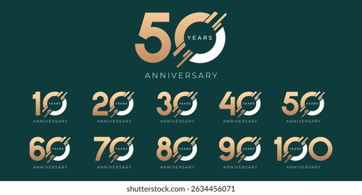 Set of modern vector logo designs for 10th to 100th anniversary, in gold color for celebrations, weddings and birthdays