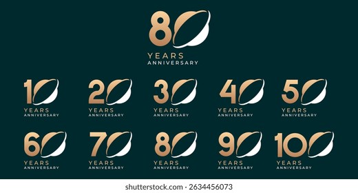 Set of modern vector logo designs for 10th to 100th anniversary, in gold color for celebrations, weddings and birthdays