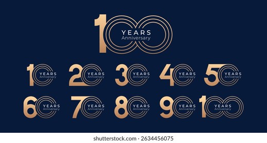 Set of modern vector logo designs for 10th to 100th anniversary, in gold color for celebrations, weddings and birthdays