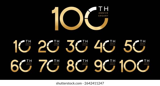 Set of modern vector logo designs for 10th to 100th anniversary, in gold color for celebrations, weddings and birthdays