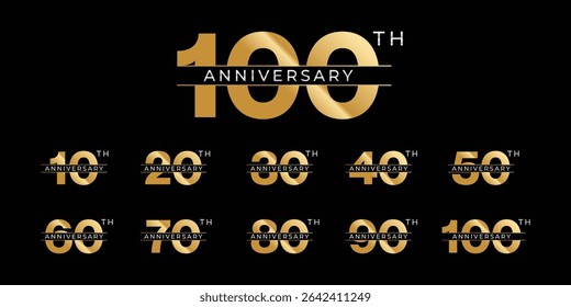 Set of modern vector logo designs for 10th to 100th anniversary, in gold color for celebrations, weddings and birthdays