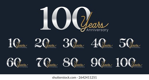 Set of modern vector logo designs for 10th to 100th anniversary, in gold color for celebrations, weddings and birthdays