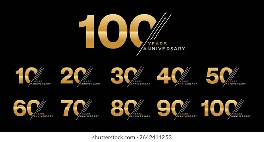 Set of modern vector logo designs for 10th to 100th anniversary, in gold color for celebrations, weddings and birthdays