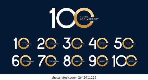 Set of modern vector logo designs for 10th to 100th anniversary, in gold color for celebrations, weddings and birthdays