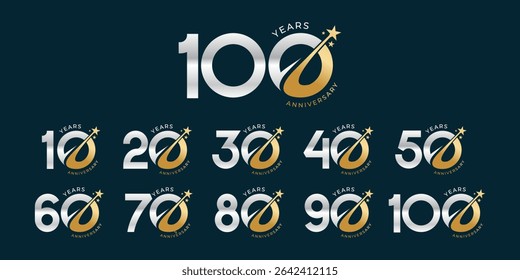 Set of modern vector logo designs for 10th to 100th anniversary with stars, in gold color for celebrations, weddings and birthdays