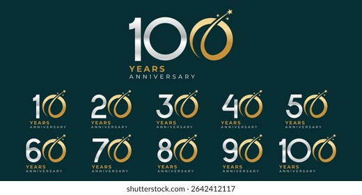Set of modern vector logo designs for 10th to 100th anniversary with stars, in gold color for celebrations, weddings and birthdays
