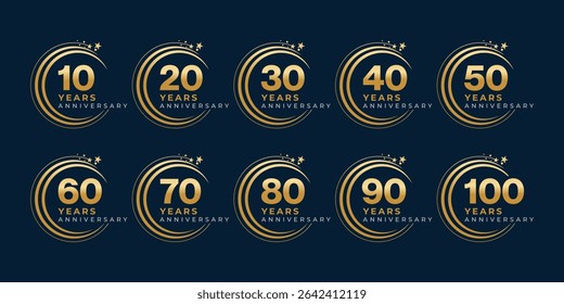 Set of modern vector logo designs for 10th to 100th anniversary with stars, in gold color for celebrations, weddings and birthdays