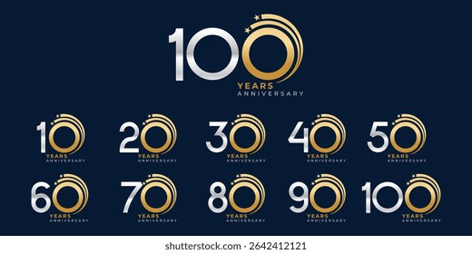 Set of modern vector logo designs for 10th to 100th anniversary with stars, in gold color for celebrations, weddings and birthdays