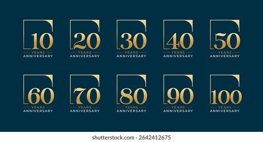 Set of modern vector logo designs for 10th to 100th anniversary in rectangle or box, with gold color for celebrations, weddings and birthdays
