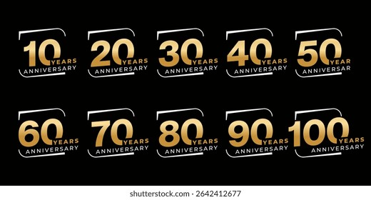 Set of modern vector logo designs for 10th to 100th anniversary in rectangle or box, with gold color for celebrations, weddings and birthdays