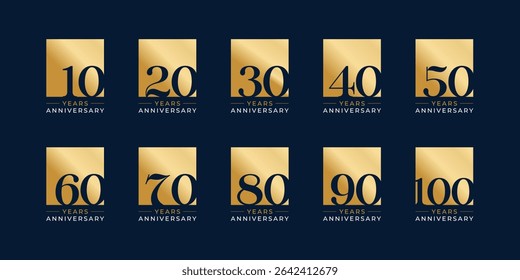 Set of modern vector logo designs for 10th to 100th anniversary in rectangle or box, with gold color for celebrations, weddings and birthdays
