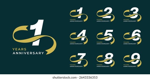 Set of modern vector logo designs for 1 years to 9 years anniversary with ribbon, in gold color for celebrations, weddings and birthdays	