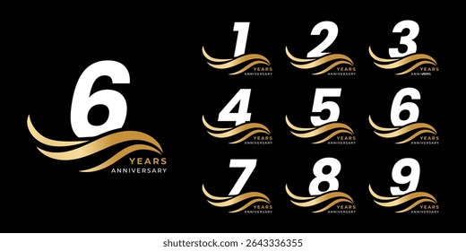 Set of modern vector logo designs for 1 years to 9 years anniversary with waves, in gold color for celebrations, weddings and birthdays	