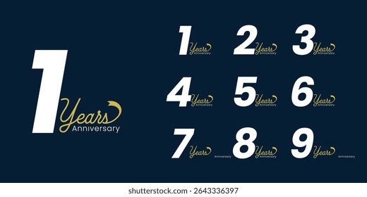 Set of modern vector logo designs for 1 years to 9 years anniversary with ribbon, in gold color for celebrations, weddings and birthdays	