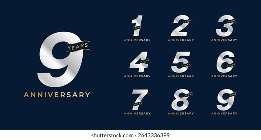 Set of modern vector logo designs for 1 years to 9 years anniversary with waves, in gold color for celebrations, weddings and birthdays	
