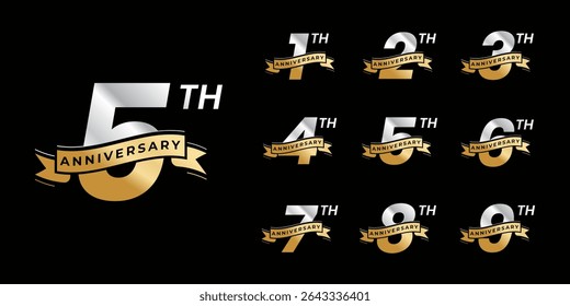 Set of modern vector logo designs for 1 years to 9 years anniversary with ribbon, in gold color for celebrations, weddings and birthdays	