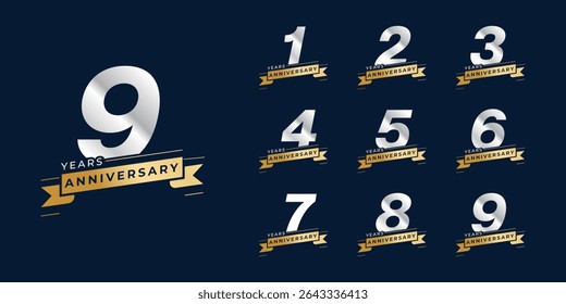Set of modern vector logo designs for 1 years to 9 years anniversary with ribbon, in gold color for celebrations, weddings and birthdays	