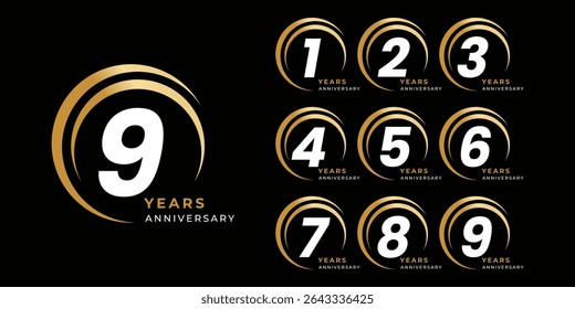 Set of modern vector logo designs for 1 years to 9 years anniversary with waves, in gold color for celebrations, weddings and birthdays	