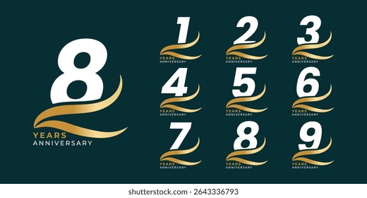 Set of modern vector logo designs for 1 years to 9 years anniversary with waves, in gold color for celebrations, weddings and birthdays	