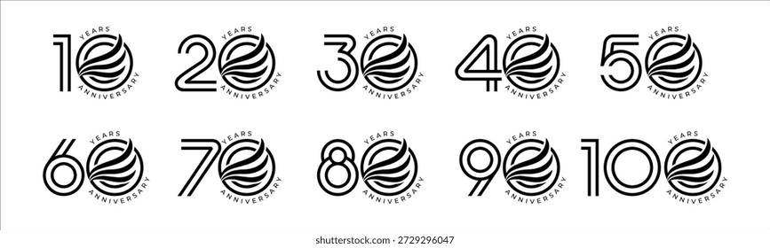 Conjunto de diseños de logotipo de Vector moderno para 10 a 100 años con ala, en color negro para celebraciones, bodas y cumpleaños