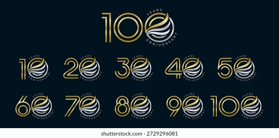 Set von modernen Vektorlogo-Designs zum 10. bis 100. Jubiläum mit Flügel, in goldener Farbe für Feiern, Hochzeiten und Geburtstage