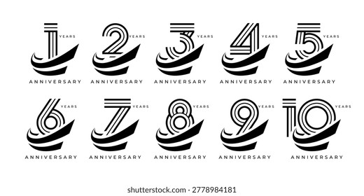 Set of modern vector logo designs for 1 years to 10 years anniversary with swoosh, in black color for celebrations, weddings and birthdays