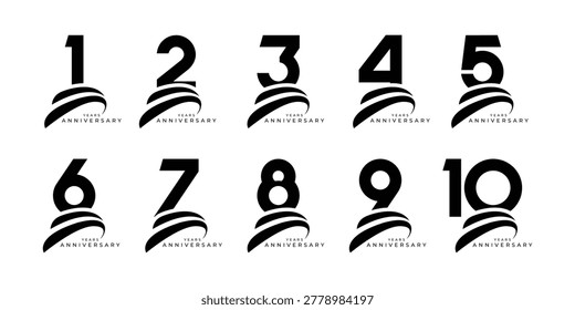 Set of modern vector logo designs for 1 years to 10 years anniversary with swoosh, in black color for celebrations, weddings and birthdays