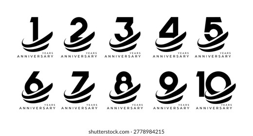 Set of modern vector logo designs for 1 years to 10 years anniversary with swoosh, in black color for celebrations, weddings and birthdays