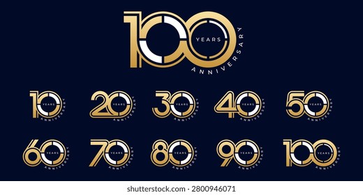 Set of modern vector logo designs for 10th to 100th anniversary, in gold color for celebrations, weddings and birthdays