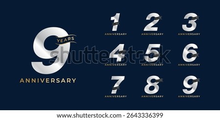 Set of modern vector logo designs for 1 years to 9 years anniversary with waves, in gold color for celebrations, weddings and birthdays	