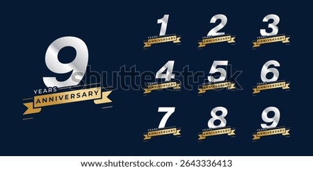 Set of modern vector logo designs for 1 years to 9 years anniversary with ribbon, in gold color for celebrations, weddings and birthdays	