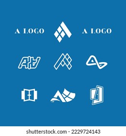 Set of modern vector logos on a blue background. Windows, doors, houses, roofs. Emblems for business. Construction, renovation work.