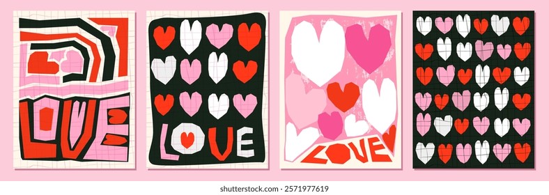 Set of modern vector love greeting cards with cut out collage style hearts geometric shapes for Valentine's Day designs, social media, banners and posters