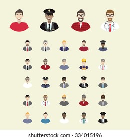 Set of modern vector men character icons. Vector character design. Professions, work, office. 