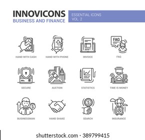 Set Of Modern Vector Office, Business Line Flat Design Icons And Pictograms. Hand With Cash, Phone, Invoice, Faq, Secure, Auction, Statistics, Time Is Money, Businessman, Hand Shake, Insurance, Search